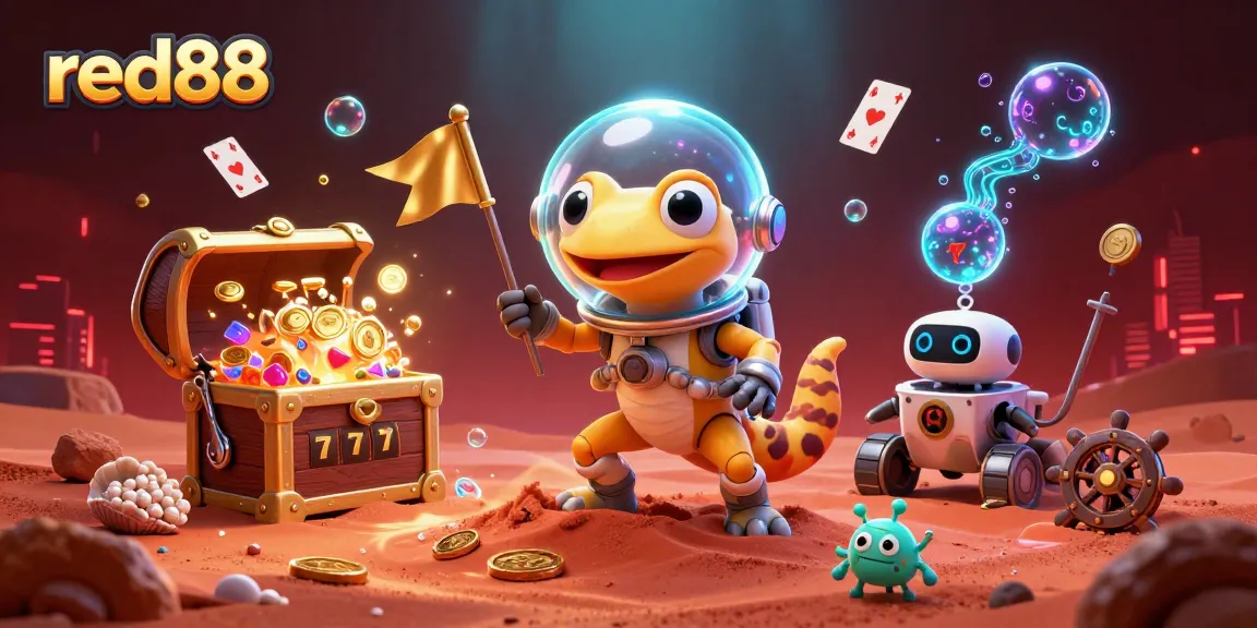 Experience the excitement of red88 with a Martian gecko discovering a golden casino in space.