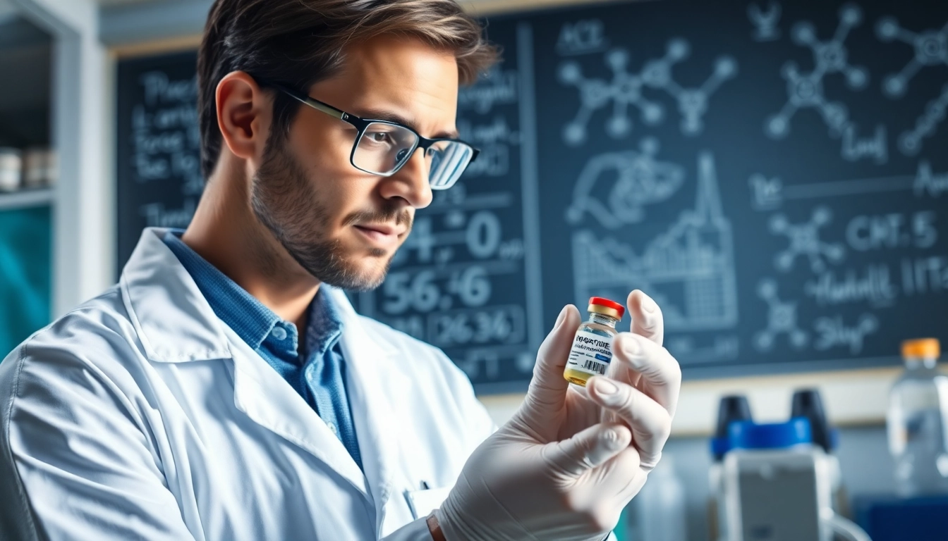 Researcher analyzing Tirzepatide in a professional laboratory environment with scientific equipment.
