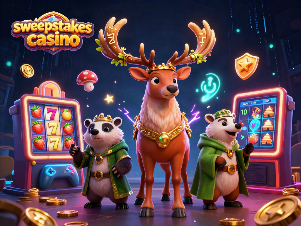 Sweepstakes casino scene with Celtic druid stag, badger, and dynamic slot machines.