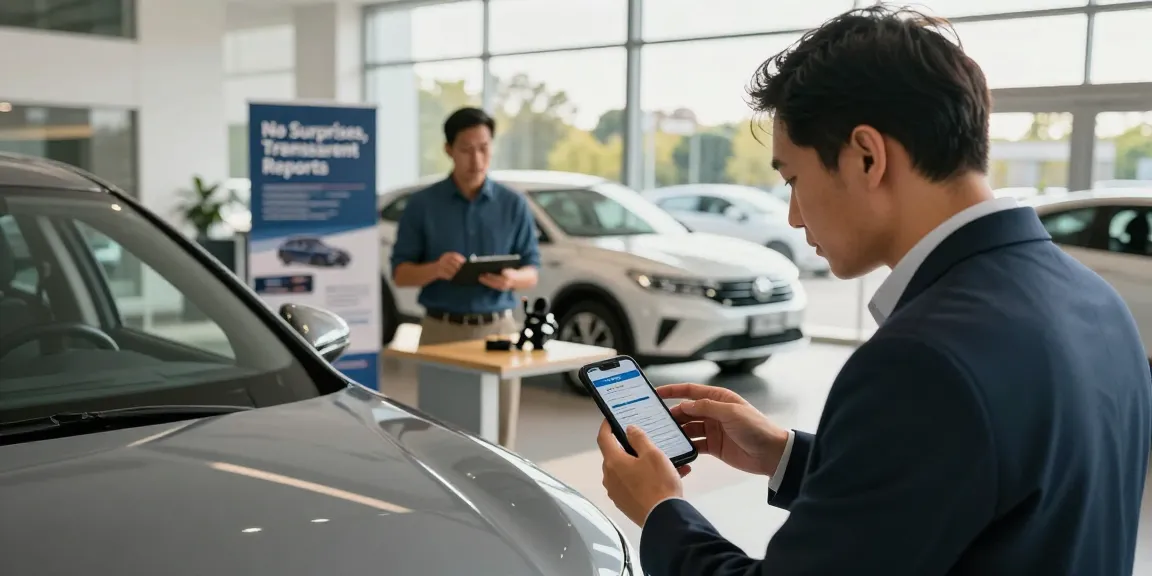 Buyer using HPI check alternative on smartphone while inspecting car in dealership, showcasing trust and transparency.