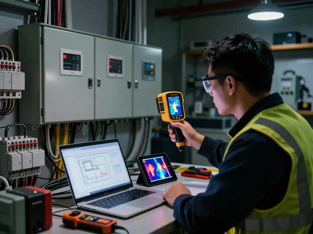 Technician using the HANMATEK thermal camera for electrical inspection in a workshop, illustrating precision diagnostics.