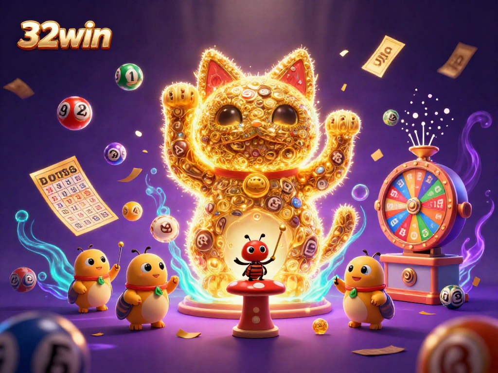 Experience thrilling gameplay with 32win's dynamic casino elements and vibrant lucky cat design.