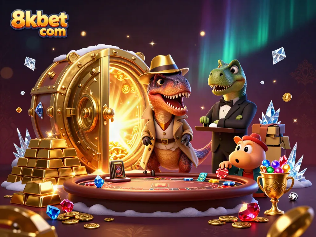 Experience thrilling gameplay at 8xbet com; a colorful scene with a casino velociraptor and sparkling treasures.