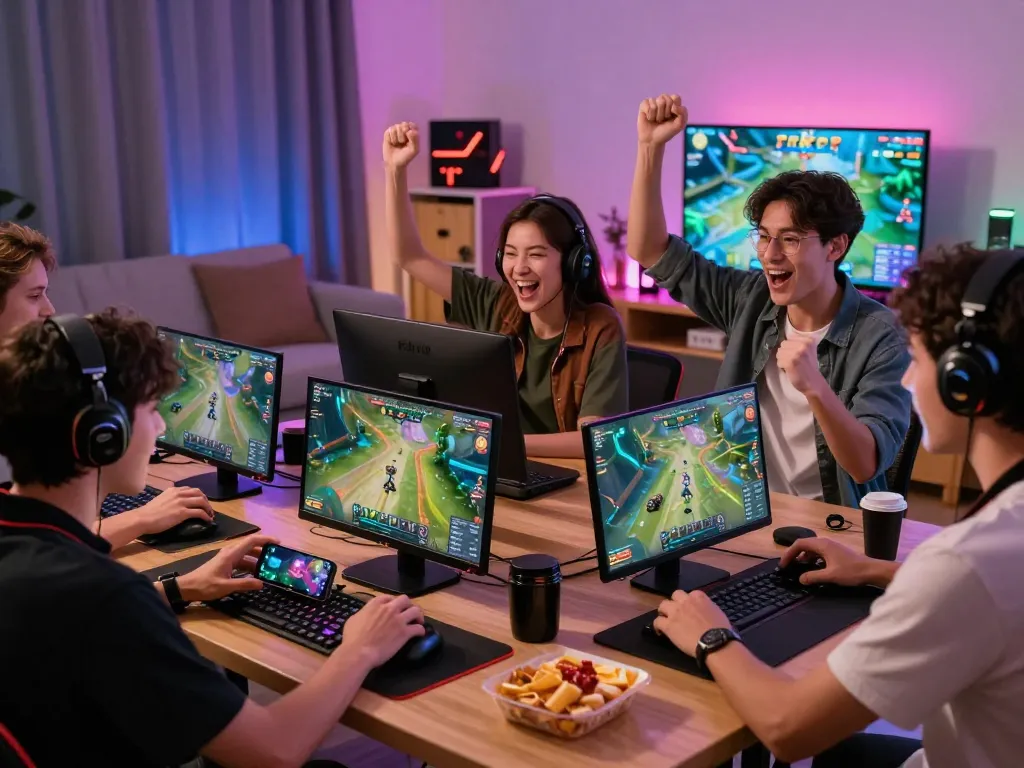 Friends enjoying the online gaming experience of rik vip in a lively atmosphere.