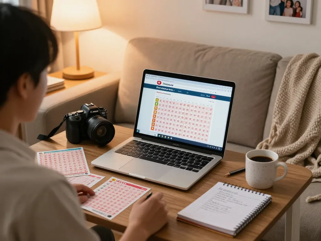 Pengeluaran HK ditampilkan di laptop di ruang tamu yang nyaman saat bertaruh di Togel Hongkong Lotto.