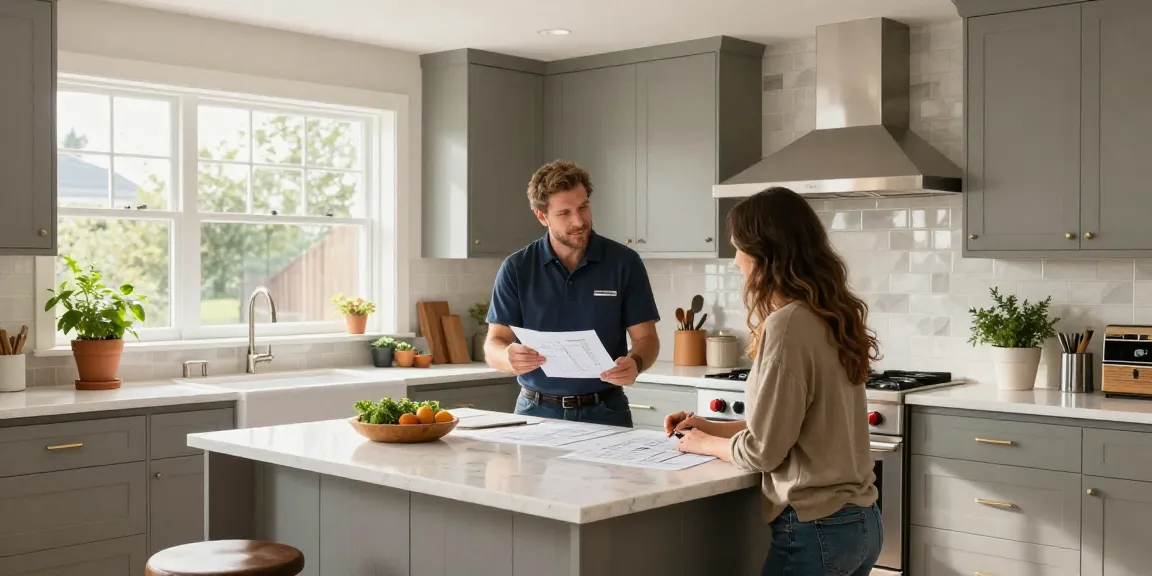 Beautiful Oakville kitchen renovation showcasing design discussion between homeowners and contractor.