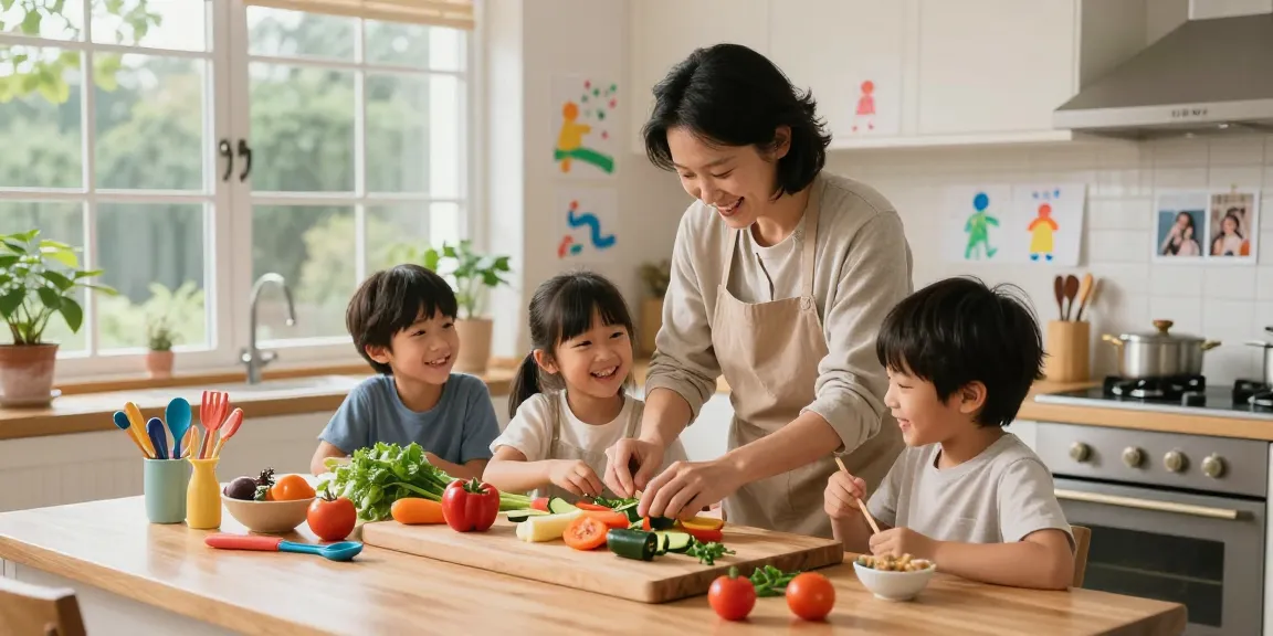 Family cooking together in a cozy kitchen, showcasing the joy of thestorybookstomach.com.