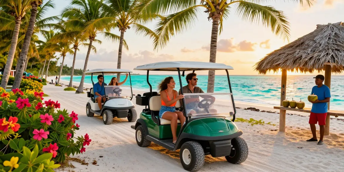 Happy tourists enjoying a San Pedro golf cart rental on a tropical beach path with palm trees and turquoise waters.