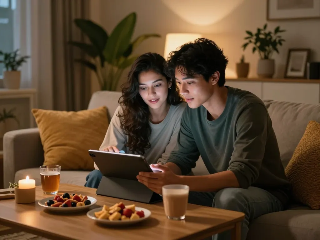 Couple enjoying a porn AI chat in a cozy living room, showcasing playful intimacy.