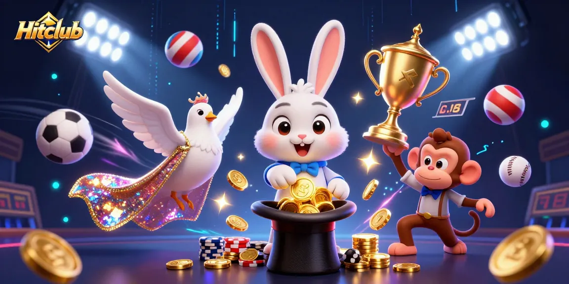 Hitclub showcases an exciting scene with a magician, dove, and monkey, surrounded by dynamic gaming elements.