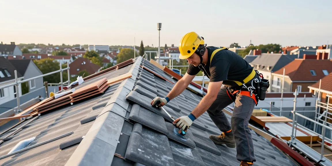 Expert roofer in Liège. Spécialiste de la toiture, installing tiles on a pitched roof in a city setting.