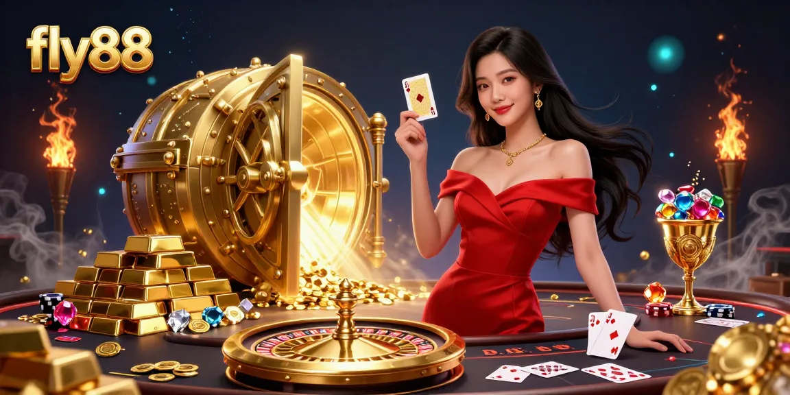 Experience excitement at fly88 with a stunning Asian woman holding a golden card beside a dazzling roulette wheel.