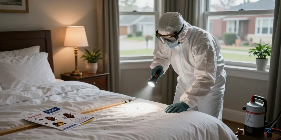 Professional inspecting for bed bugs with a bed bug heat treatment solution in a cozy Milwaukee bedroom.