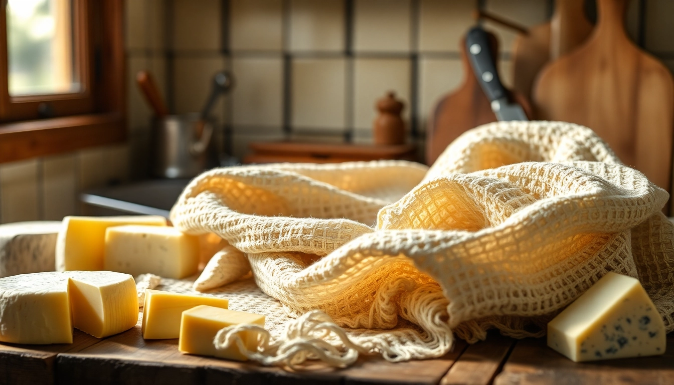 Kaasdoek prachtig gepresenteerd met verschillende soorten kaas in een gezellige keuken.