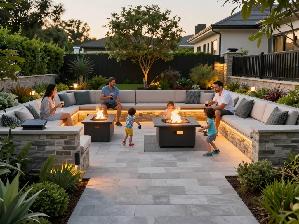 Family enjoying a paver patio, showcasing quality paver installation near me with fire pits and outdoor lighting.
