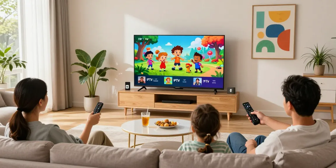 Family enjoying IPTV nederland - iptv abonnement in a cozy living room.