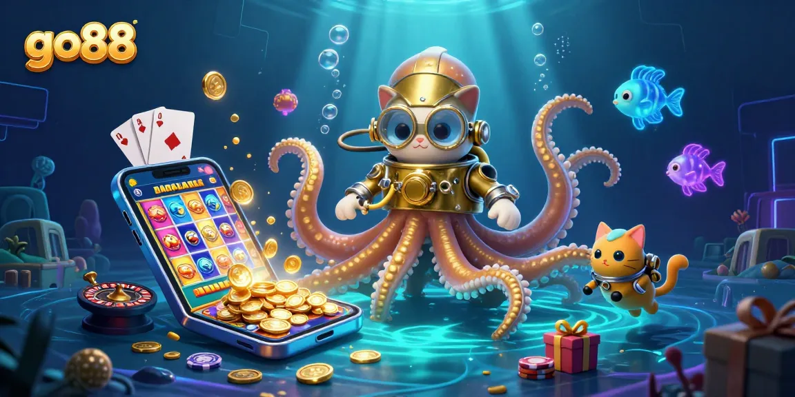 Engage in thrilling go88 gameplay with a kraken, diving cat, and underwater treasures.