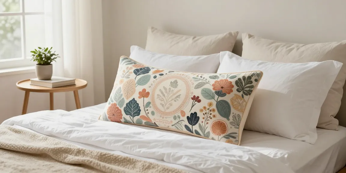 Custom body pillow on a cozy bed with pastel colors and intricate artwork, creating a personalized touch.