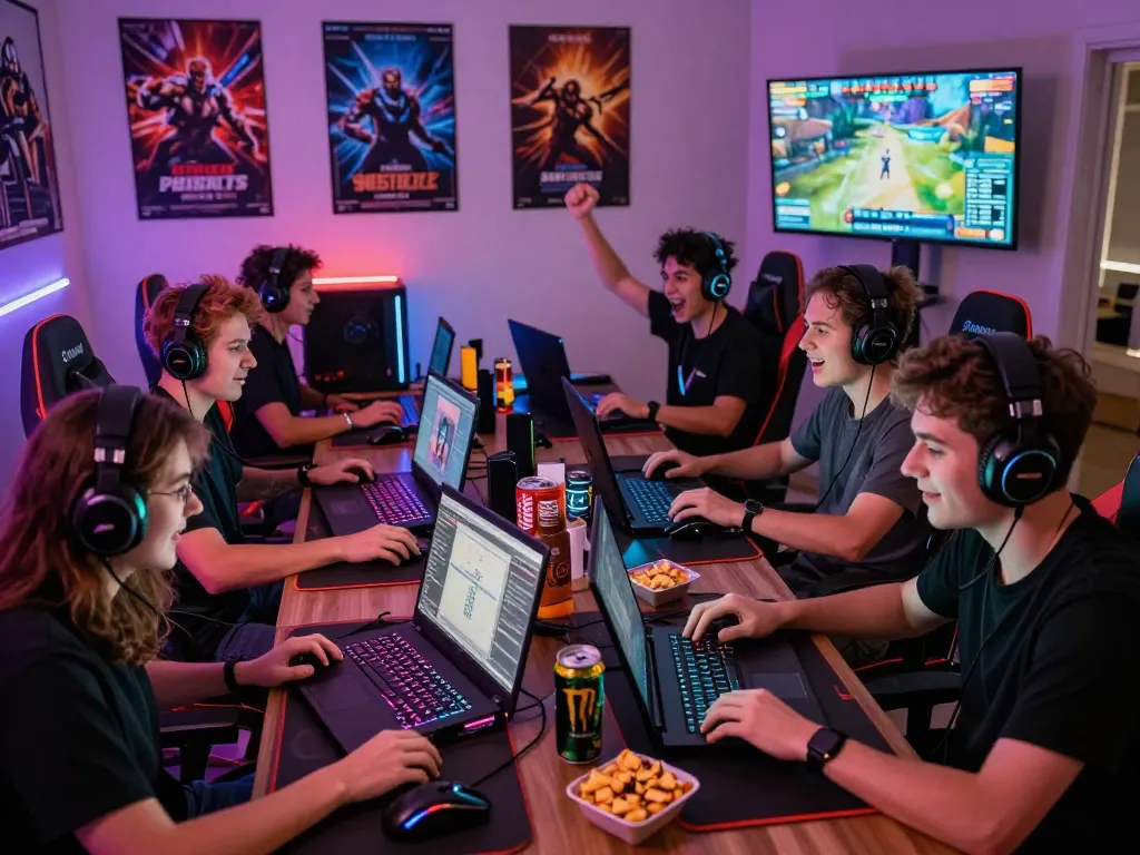Friends enjoying an intense sun win gaming session with vibrant setups and snacks