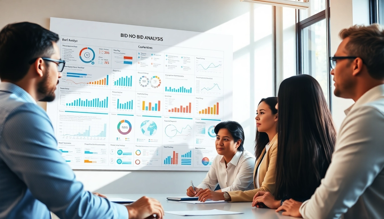 Collaborative team performing a Bid No Bid Analysis with detailed data visualization.