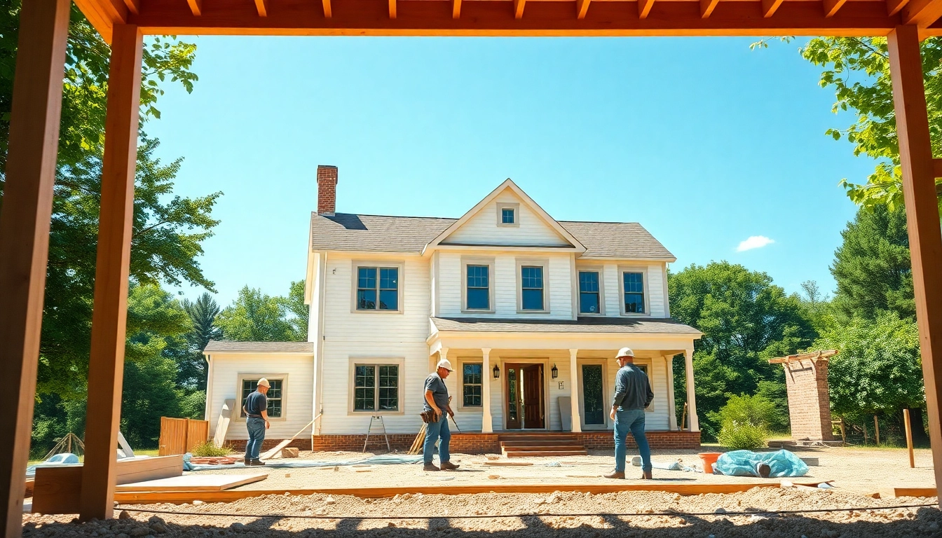 Showcasing colonial home construction with workers collaborating at a suburban site.