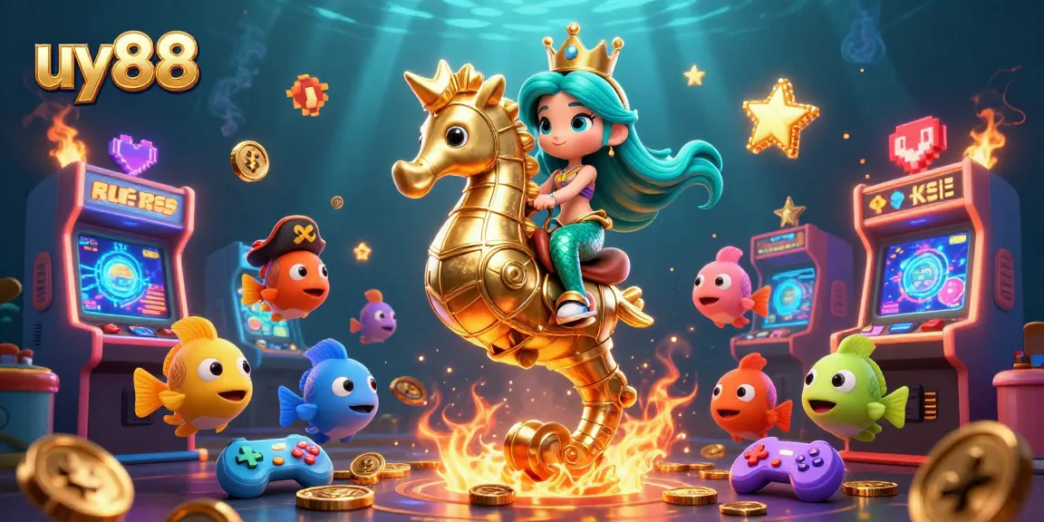 Experience the fun at uy88 with a vibrant 3D mermaid princess riding a golden seahorse in a casino-themed underwater adventure.