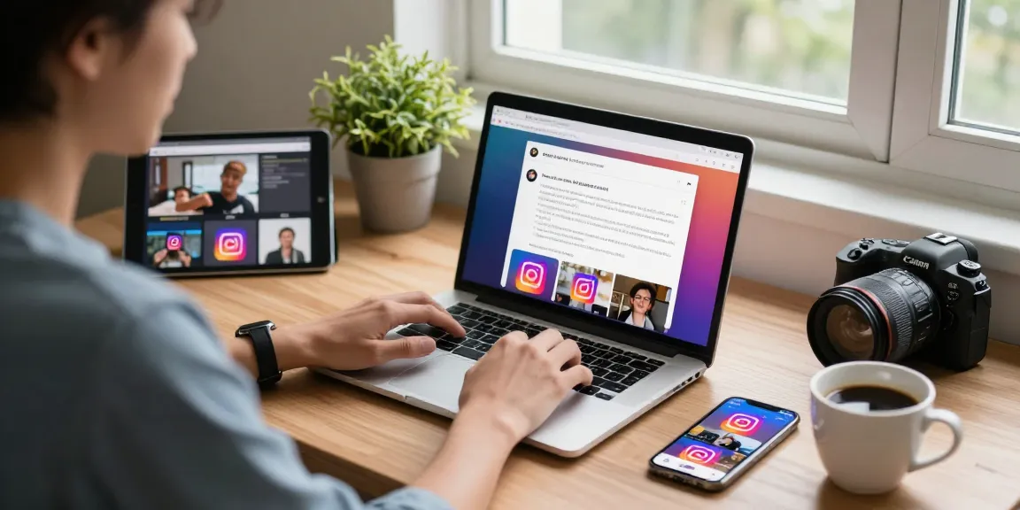 Effortlessly download Instagram content using https://spector.net/ in a cozy home workspace with a laptop and smartphone.