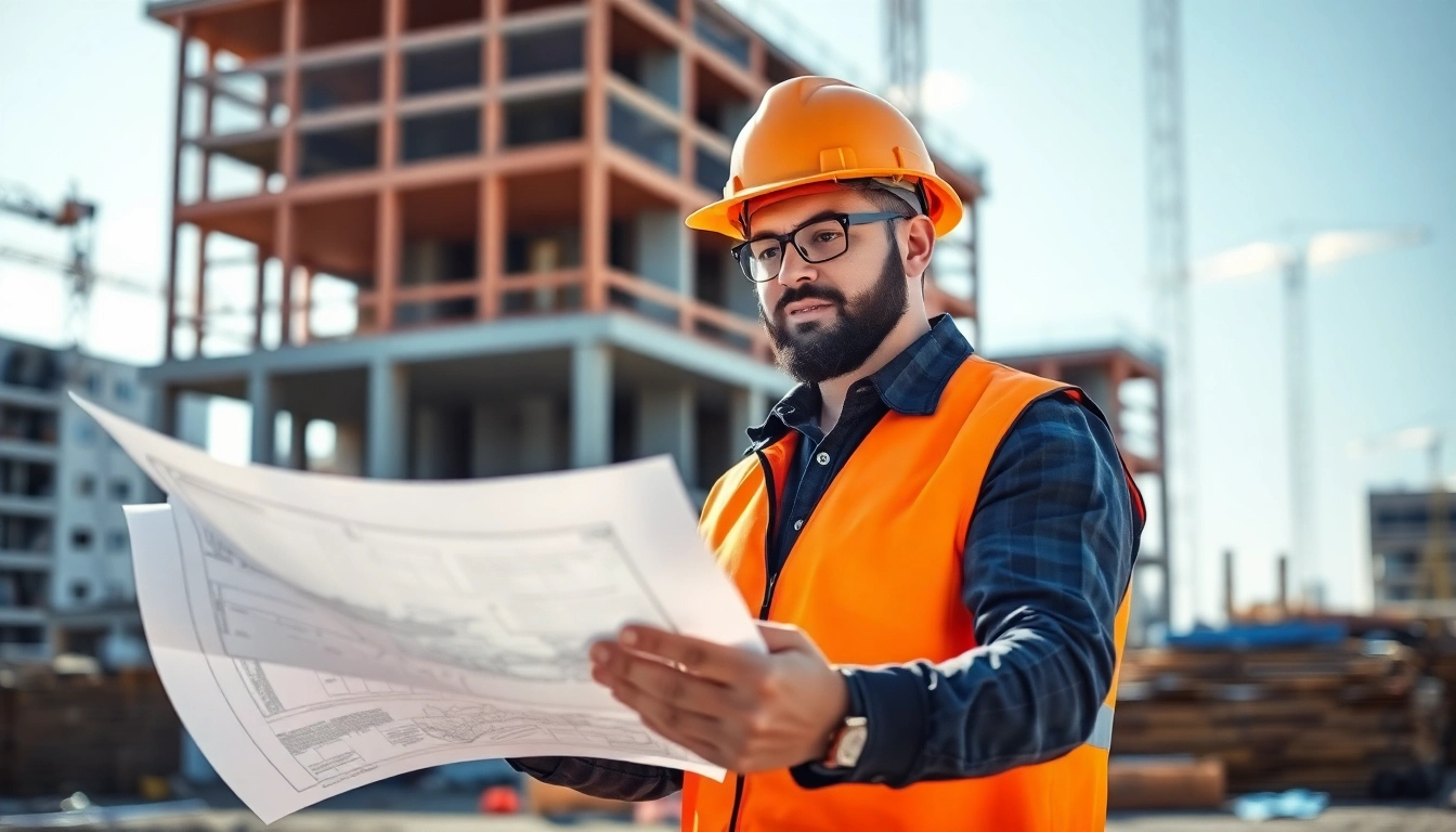 New Jersey General Contractor reviewing blueprints at a bright construction site.