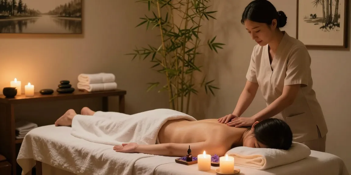 송파출장안마 service in a relaxing massage therapy room with calming ambiance and therapeutic elements.
