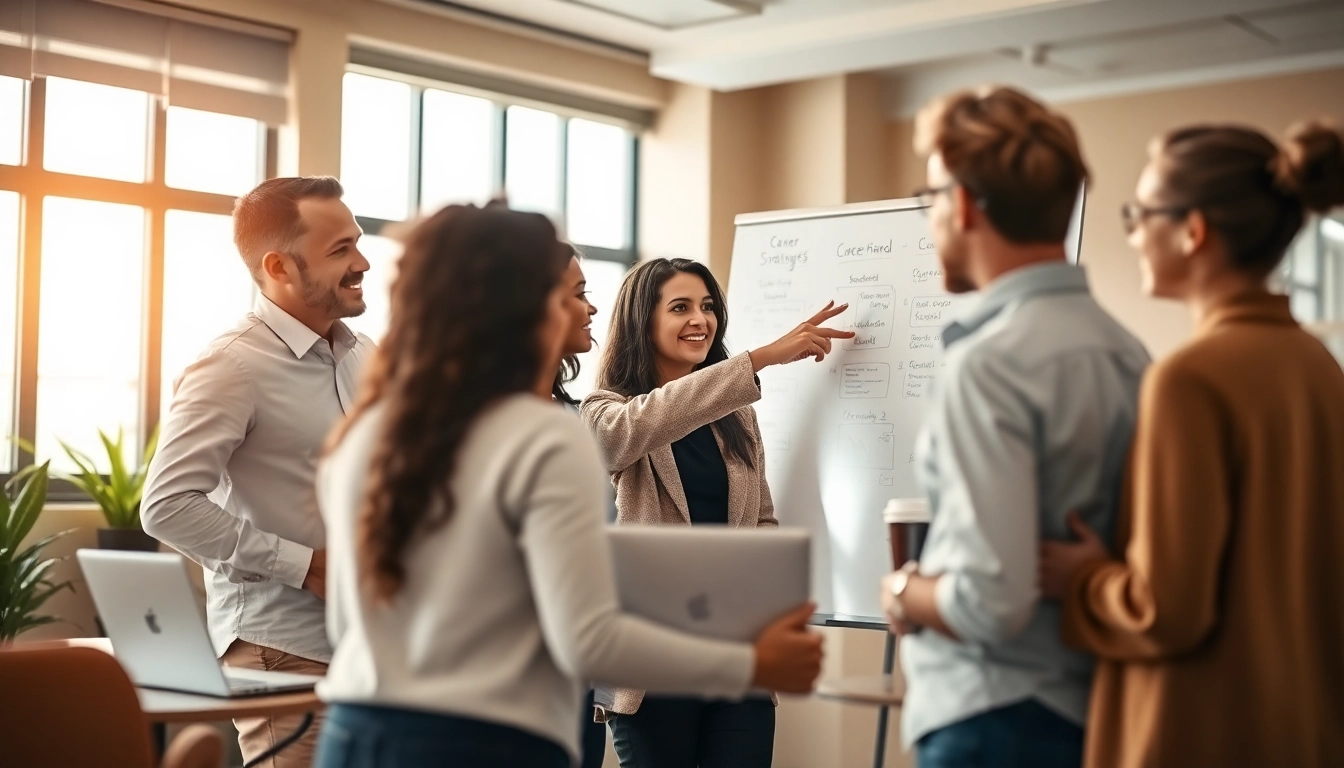 Career coaching session with a coach guiding clients in a bright, modern office setting.