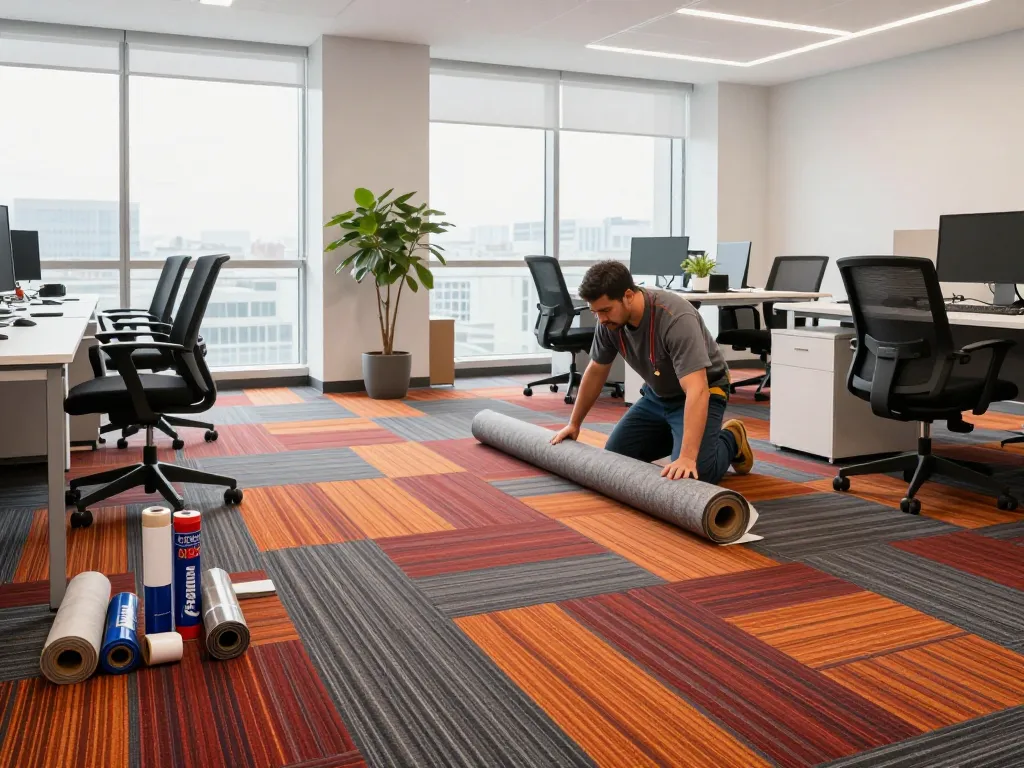 Expert commercial carpet installation in a professional office setting, showing vibrant plush carpet and modern workspace elements.