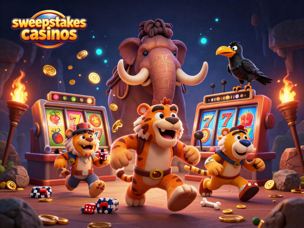 Sweepstakes casinos feature a dynamic scene with unique characters and vibrant slot machines.
