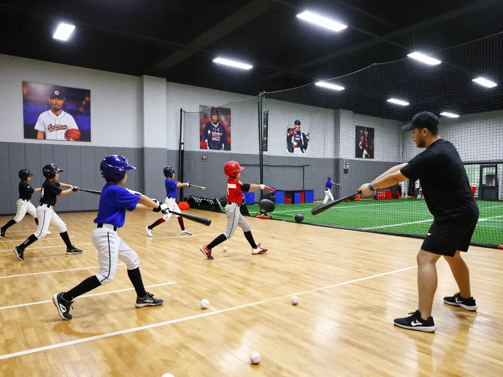 Young athletes in the hitclub training indoors, practicing batting with focus and teamwork