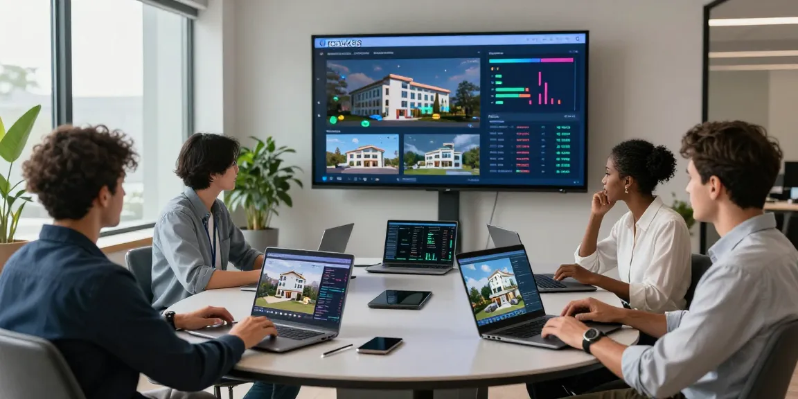 Group discussing rokok88 and MetaRealty in modern office, showcasing digital investment.