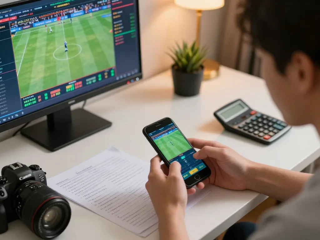 Person engaged in online sports betting strategy tracking tỷ lệ kèo nhà cái hôm nay with multiple screens and notes