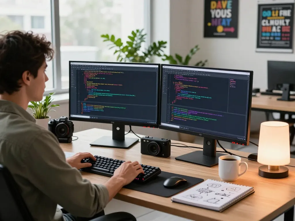 Software developer coding on dual monitors in a modern office workspace with wps tools and tech gadgets.