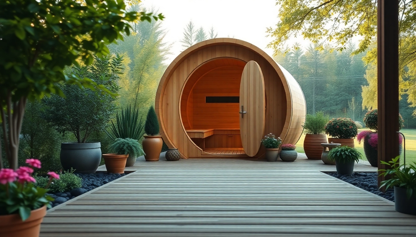 Inviting barrel sauna outdoor in a lush garden setting, perfect for relaxation.