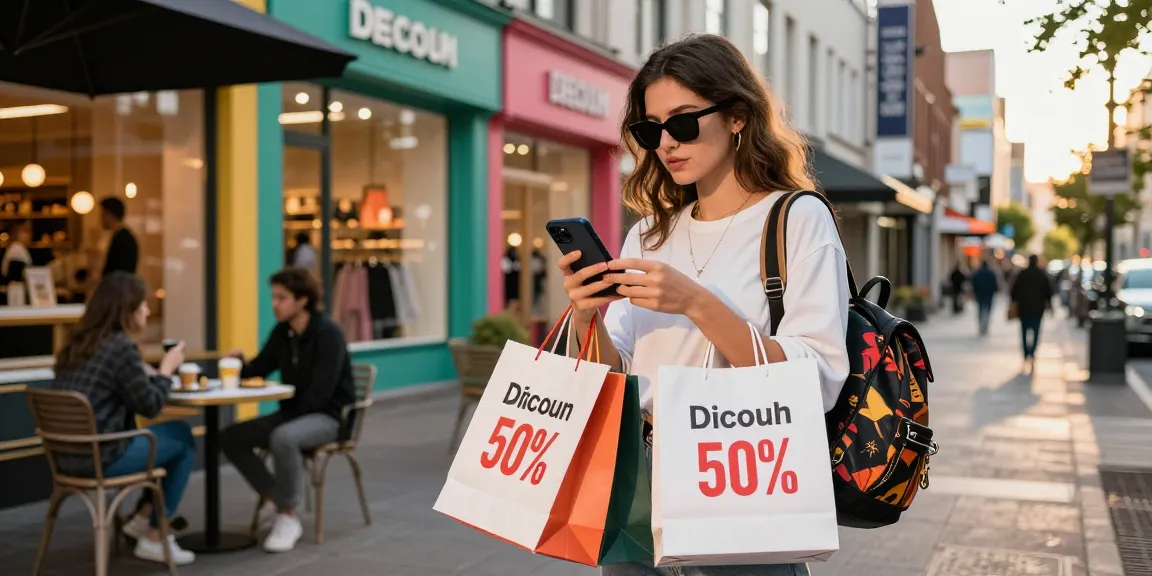 Shopping with discount code website in netherlands, colorful storefronts, young woman excited with shopping bags.
