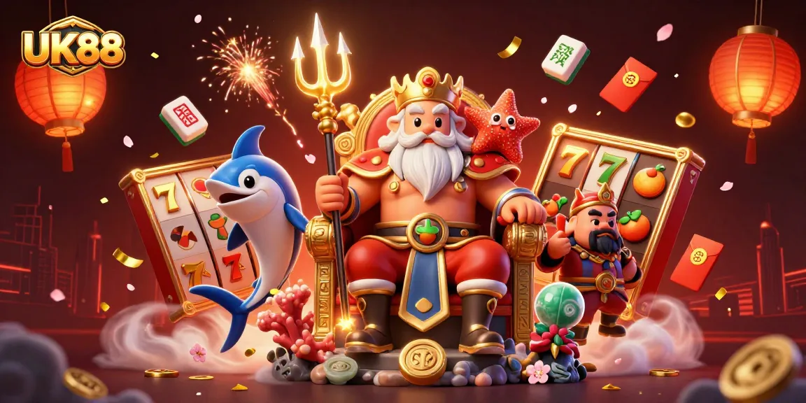 Engage with UK88's thrilling online casino experience featuring vibrant slot reels and dynamic characters.