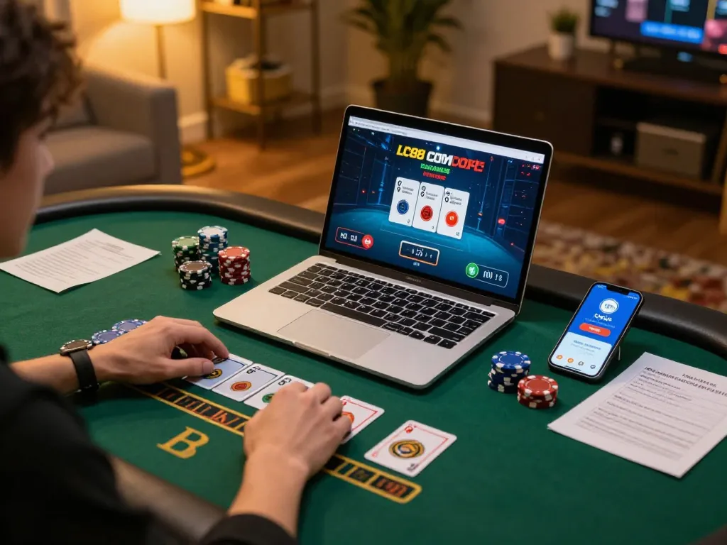 Player strategizing online with LC88 COM during a live blackjack session.