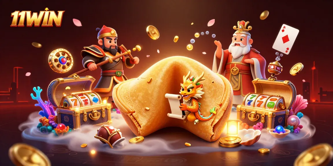 11WIN showcases an exciting golden fortune cookie scene filled with vibrant casino symbols and treasures.