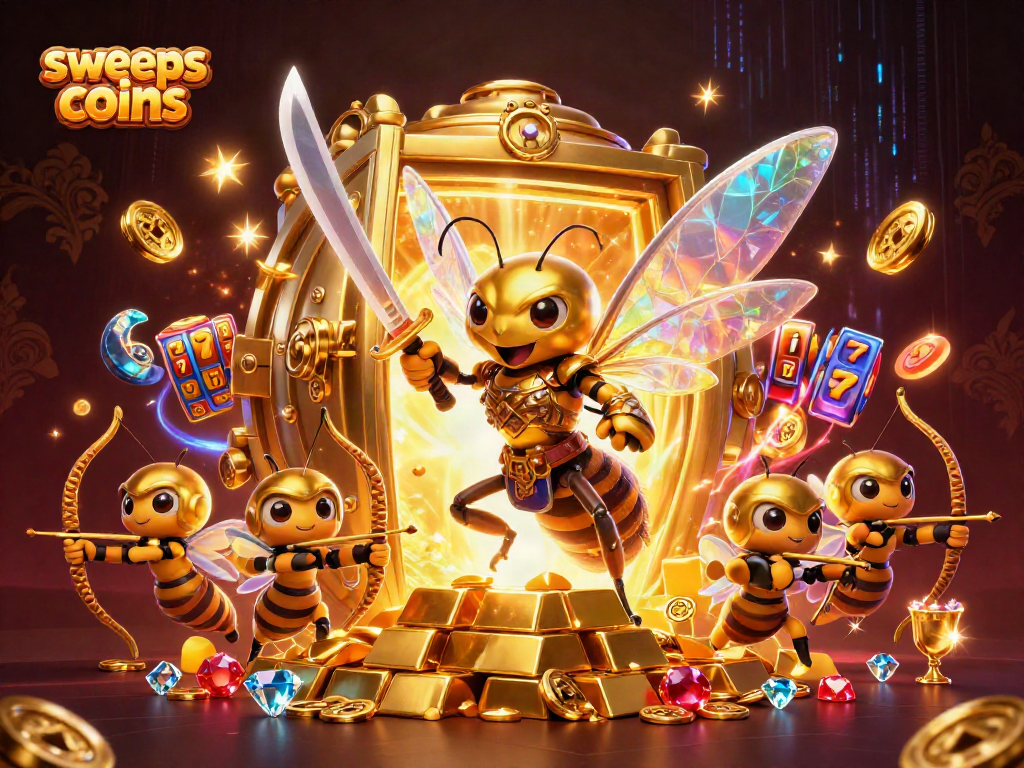 Sweeps coins casino scene featuring a golden hornet samurai and bee archers amidst treasure vaults and slot reels.