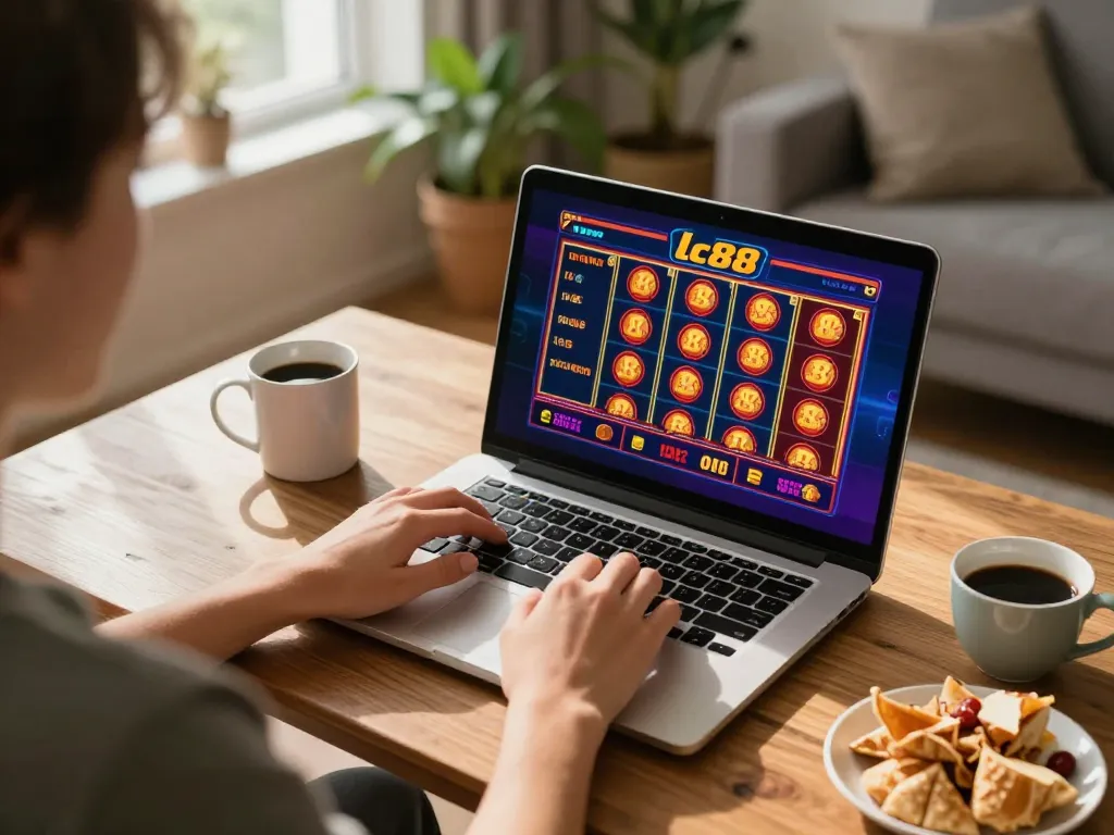 Engaged online player exploring lc88 casino games on a laptop during a cozy gaming session