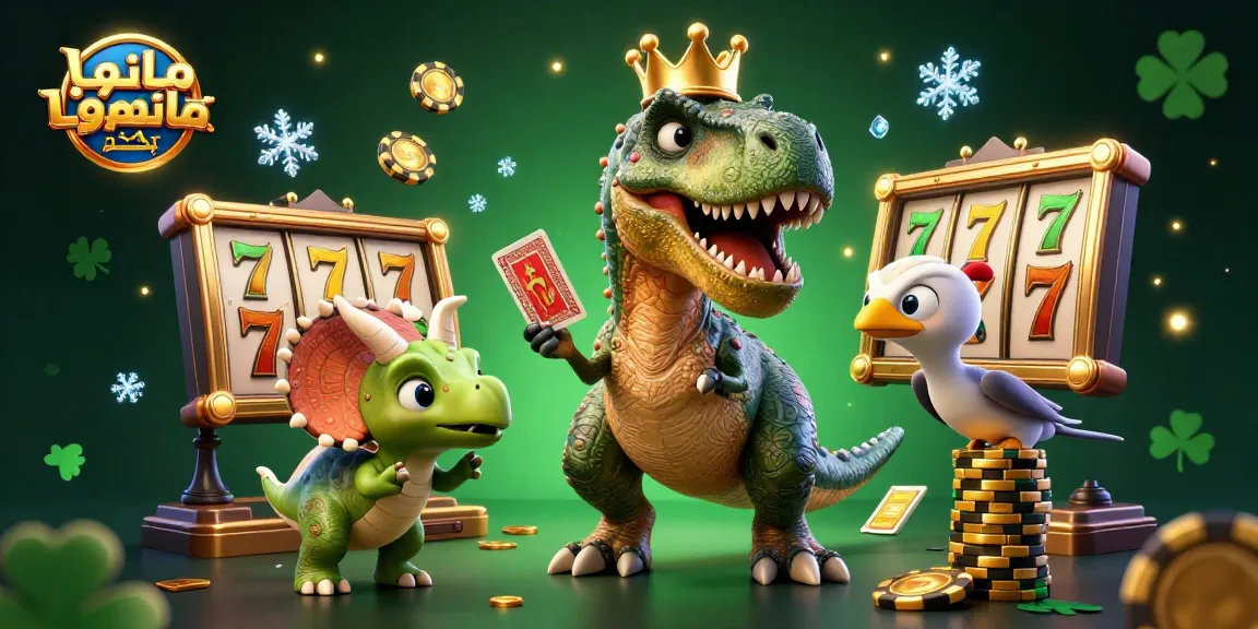 Engage with مانجا، مانهوا، مانهوا مترجمة, a lively scene of cartoon dinosaurs enjoying casino games.