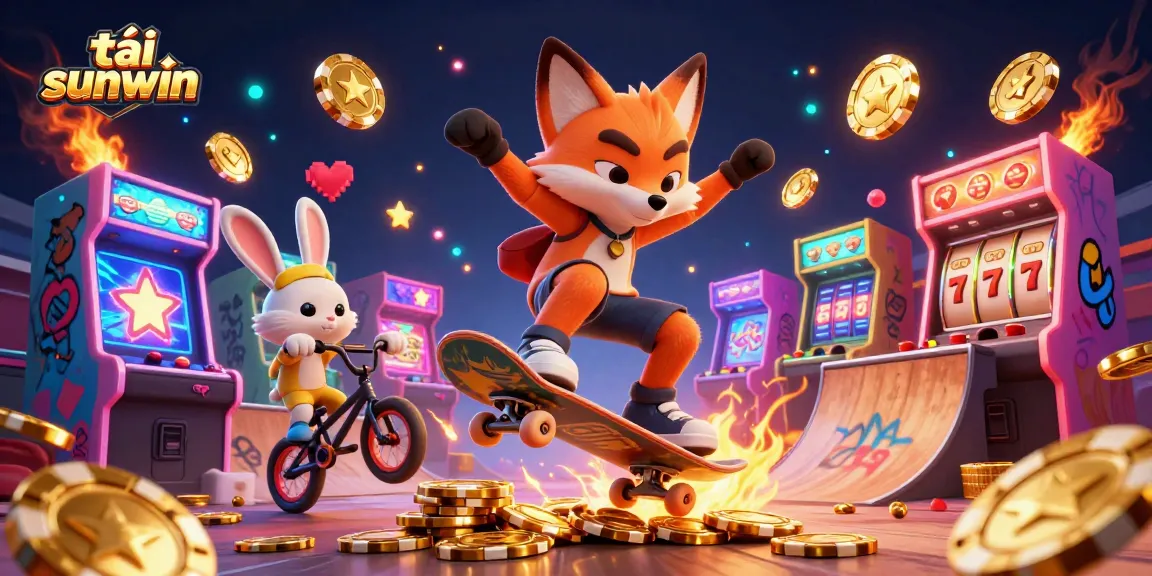 Experience excitement in tải sunwin with a vibrant illustration of a skateboard fox and BMX rabbit in action.