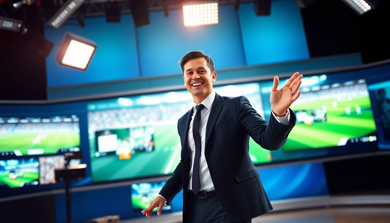 Sports Broadcasting anchor presenting live updates in a professional studio setting.