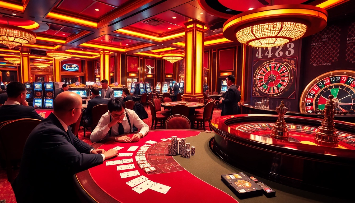 Experience the thrill of gaming at Trang chủ F168 with players enjoying poker tables and roulette.