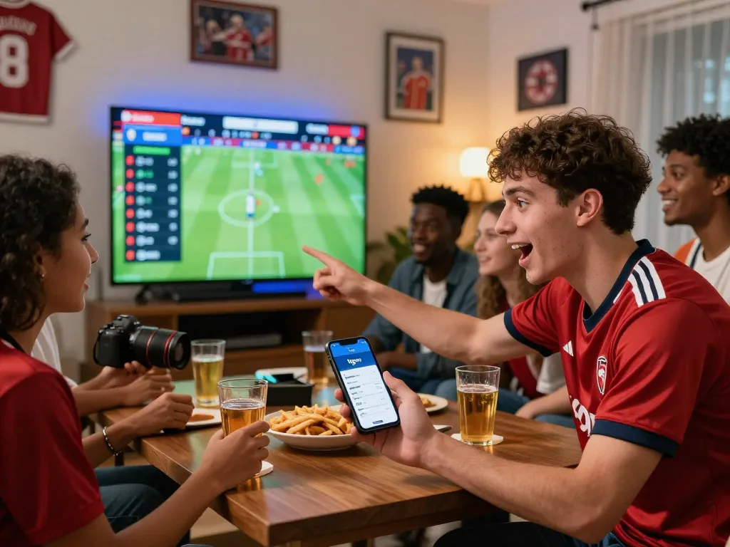 1gom football betting scene with friends cheering live match odds and statistics in a vibrant atmosphere.