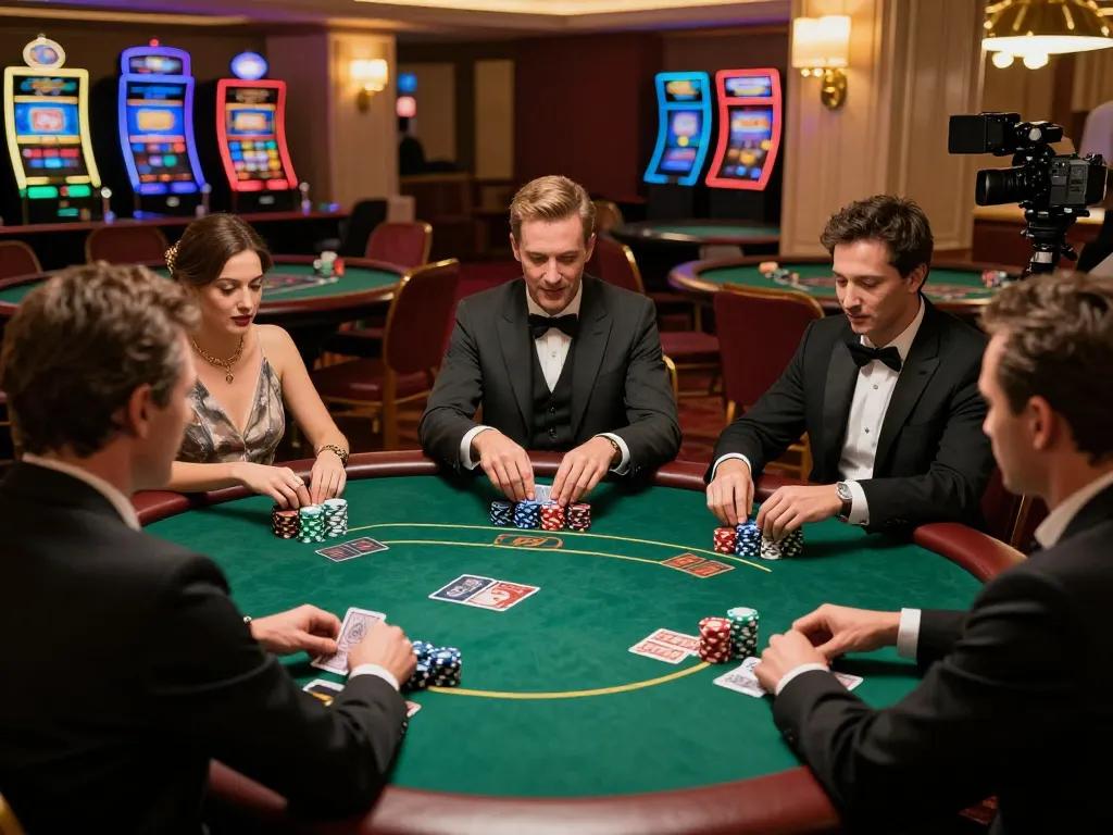 Engaging poker game at man club with players focused and chips stacked high, dynamic casino atmosphere.