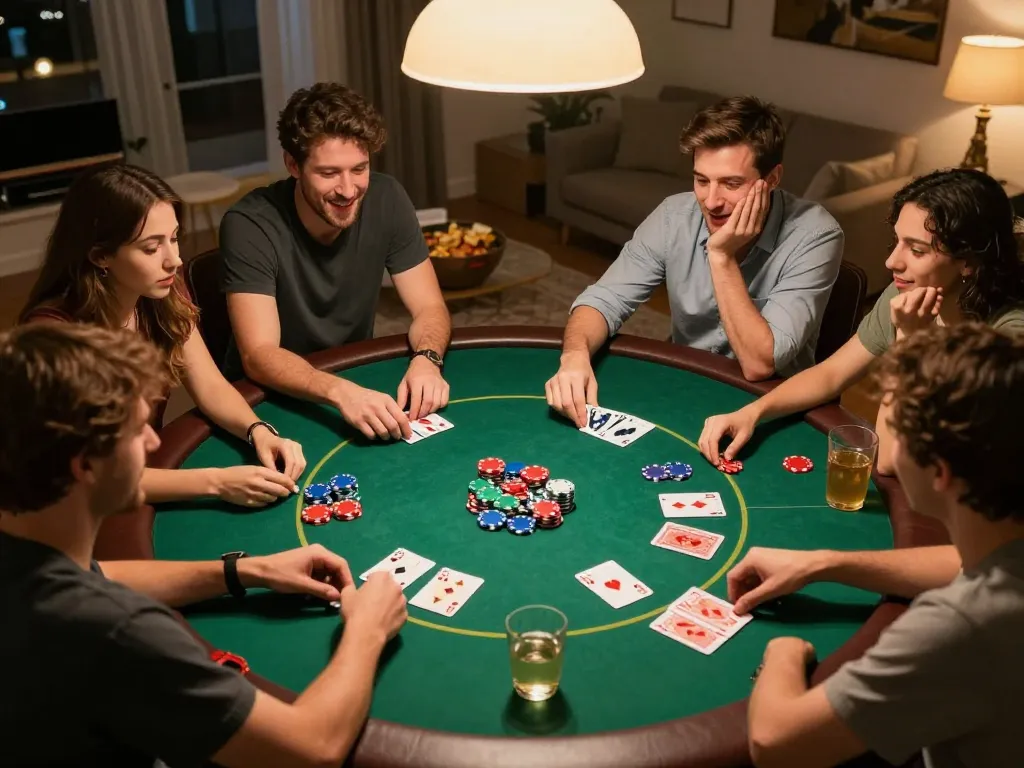 Friends playing poker at home showcasing an exciting UU88 game night with chips and cards.